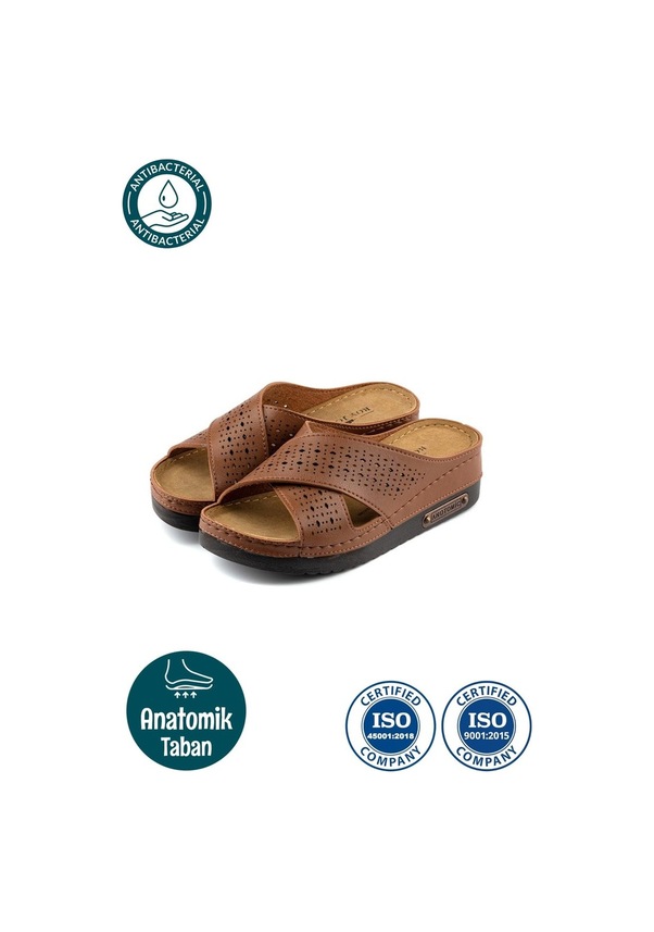 Resim Kadın Ortopedik Yumuşak Tabanlı Terletmeyen Çift Bantlı Hasır Tipi Delikli Rahat Anne Ev İçi Terliği Taba 