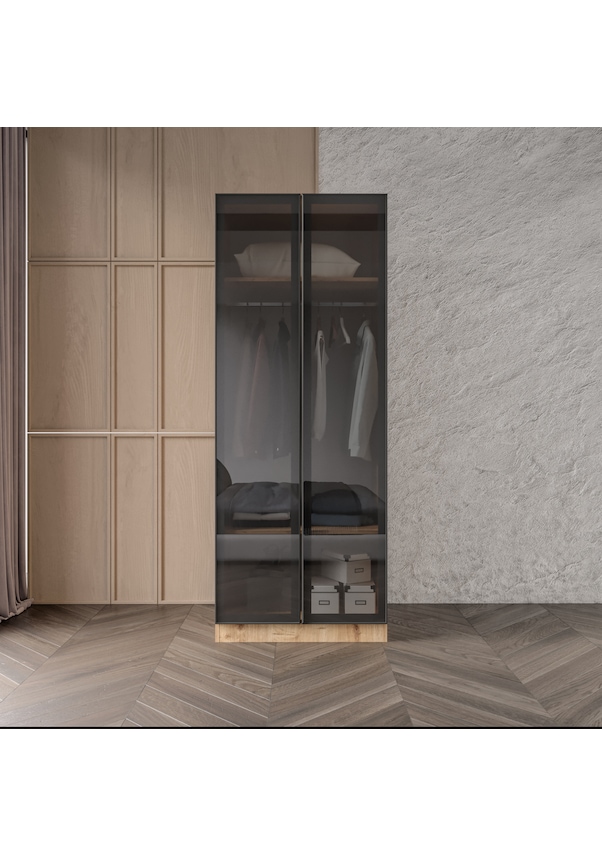 Resim Ülgen 2 Kapaklı Giyinme Dolabı Tamamı Mdf Led Askı Borusulu Füme Camlı Safir Meşe 