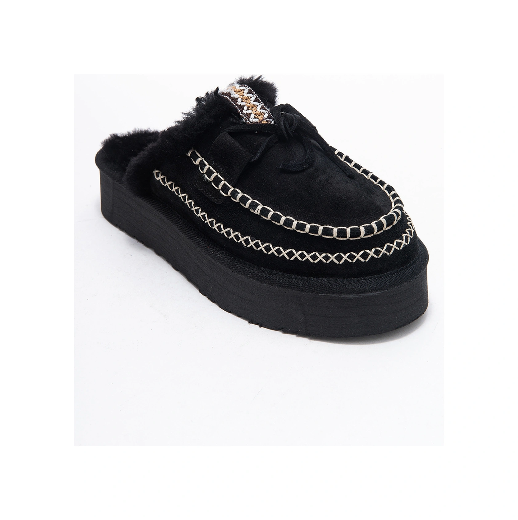 Resim Luvi Shoes Yalına Siyah Süet Hakiki Deri Dikişli Kürklü Kadın Platform Tabanlı Makosen Terlik Siyah 