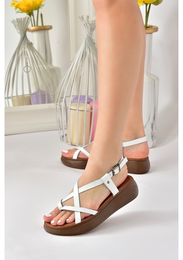 Resim Fox Shoes Beyaz Hakiki Deri Parmak Arası Kadın Sandalet M29105070 