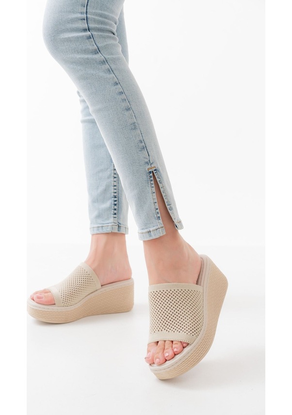 Resim 232-460 Bej Triko Günlük Ortopedik Dolgu Topuk Kadın Terlik Beyaz 