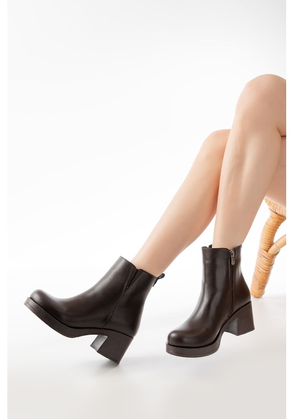 Resim 5109-3057 Kahverengi Lastikli Fermuarlı Kalın Topuklu Günlük Bot Kahve 