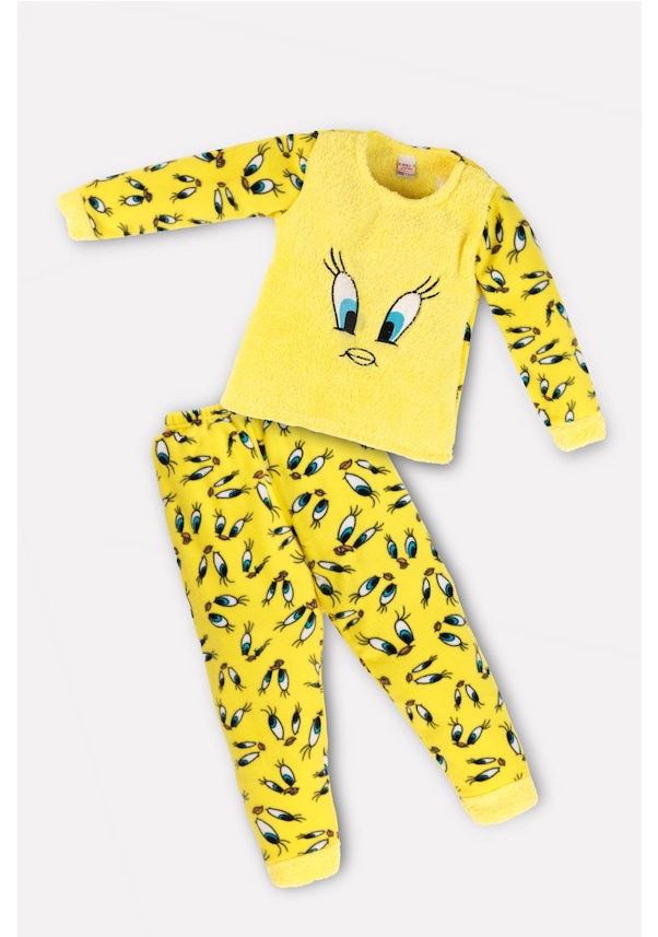 Kız Çocuk Baskılı Peluşlu Pijama Takımı Tweety Pijama Tampap Polar- Sarı