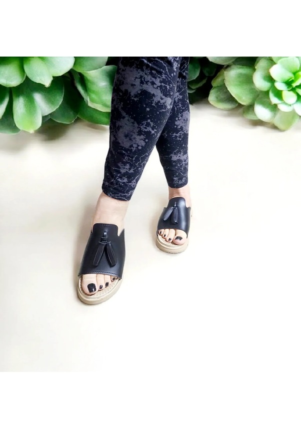 Resim Kadın Püskül Detaylı Kalın Taban Ev Ve Dışarı Terliği Siyah 