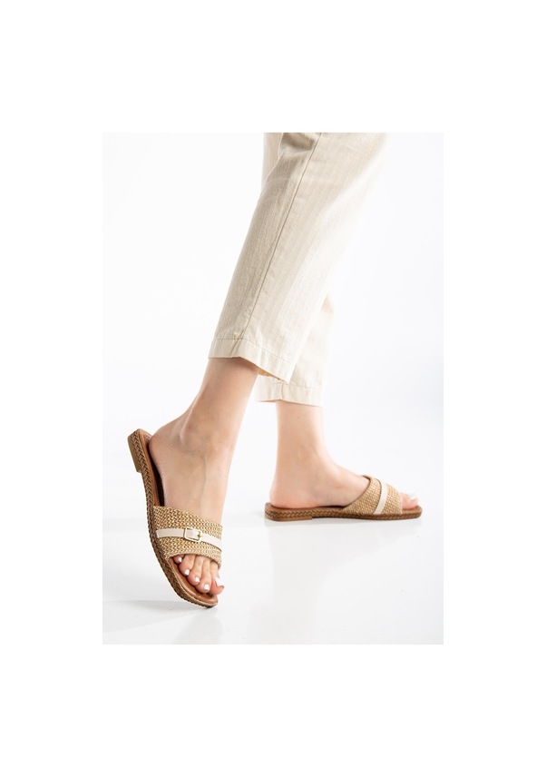Resim Kadın Düz Topuk Terlik Bej Hasır Kalın Tek Bant-3901 Bej 