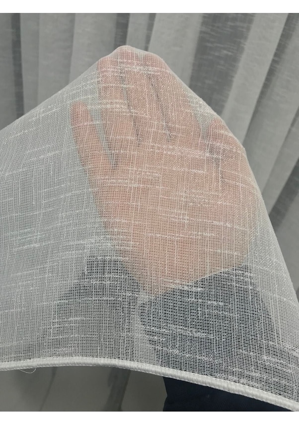 Resim Keten Tül Perde Simli Keten Foldet 1/3 Sık Pile Tül Perde Ekru 