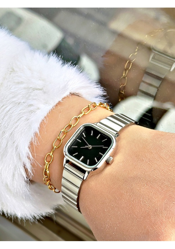 Resim Premium Özel Serisi Kare İnce Metal Kordon Kadın Kol Saati-bileklik Hediyeli Sarı 