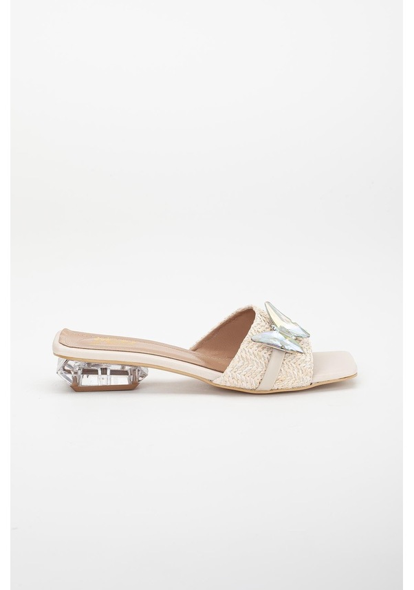 Resim Hasır Kelebek Taş Tokalı Bej Kadın Kısa Topuklu Terlik-3089-bej Bej 