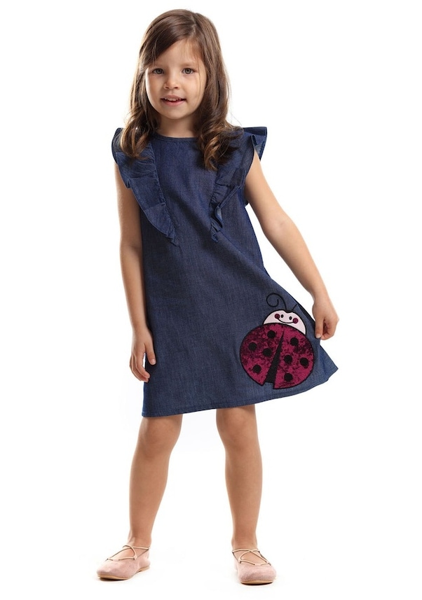 Mushi Kız Çocuk Uğurböceği Fırfırlı Kot Elbise
