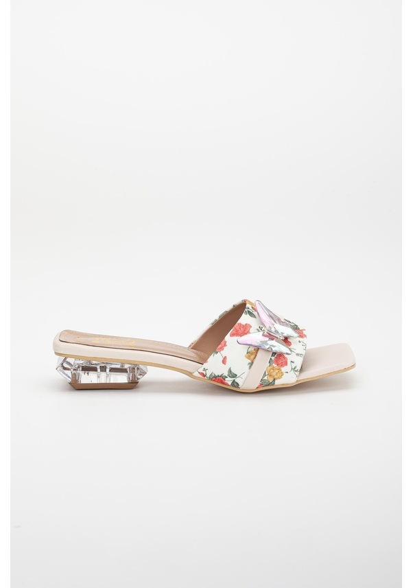 Resim Çiçekli Saten Kelebek Taş Tokalı Ten Kadın Kısa Topuklu Terlik-3088-ten Ten 