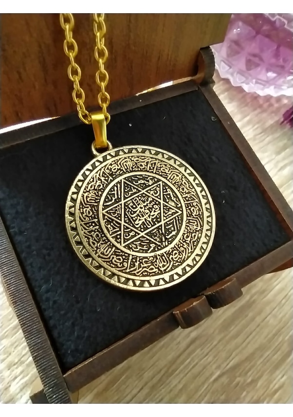 Mührü Süleyman Ve Tılsımı Yazılı Kolye Sarı Renk