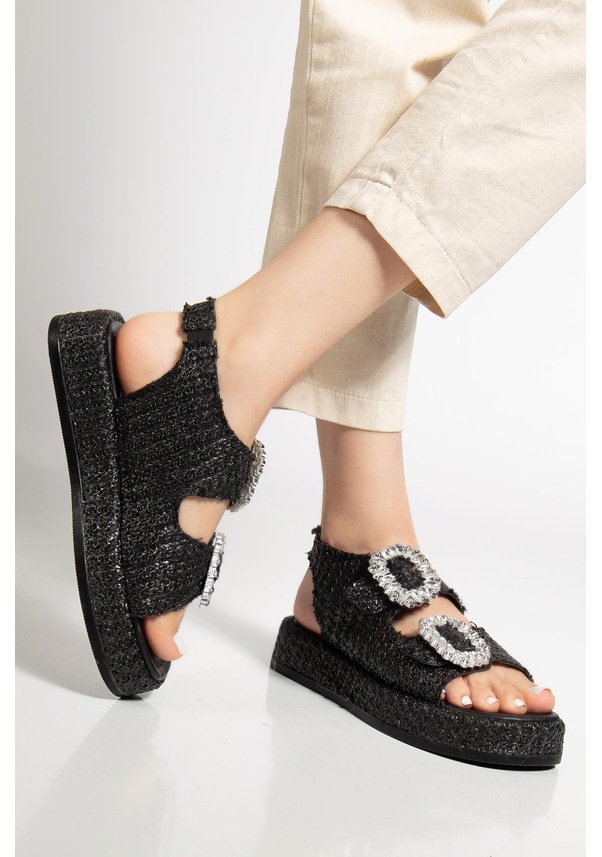 Resim Kadın Dolgu Topuk Sandalet Siyah Çift Bantlı Hasır Malzeme Taşlı Tokalı-4068 Siyah 