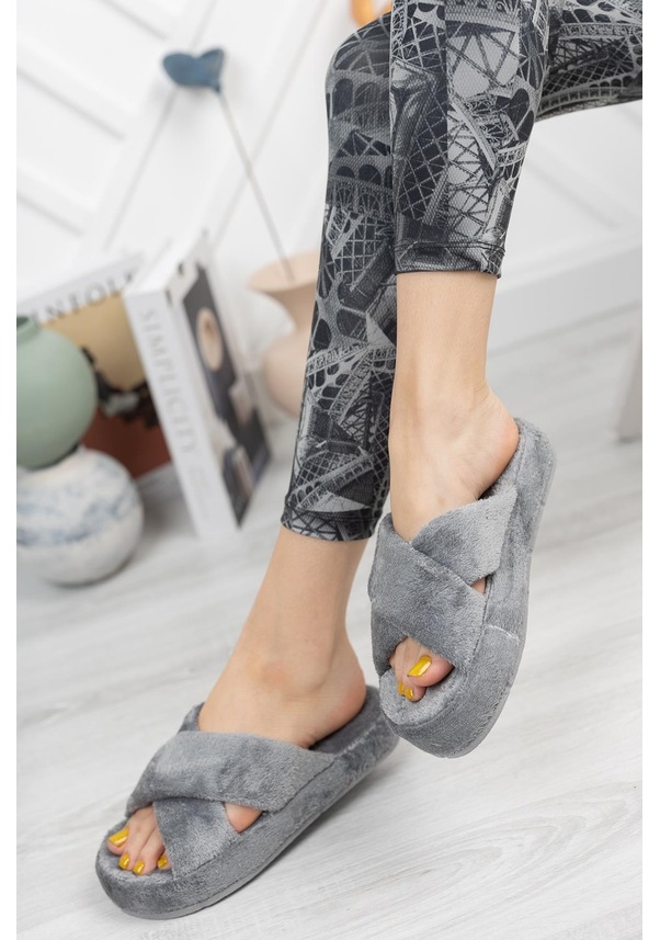 Resim Modafrato Smt-02 Çapraz Kadın Ev Terliği Kışlık Yünlü Terlik 