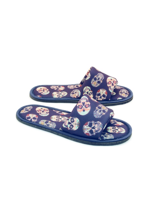 Resim Erkek Lacivert Kurukafa Desenli Önü Açık Ev Terliği Lacivert 