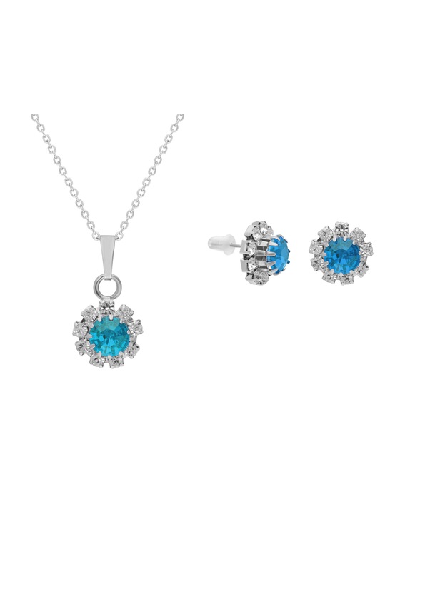Forentina Gümüş Kaplama Mavi Taşlı Kolye Küpe Set Ps0780