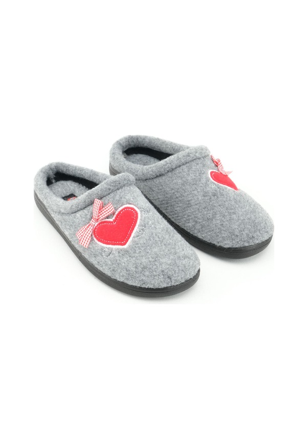 Resim Gezer Kışlık Comfort Taban Nakışlı Kalp Desenli Keçe Ev Terliği Gri 