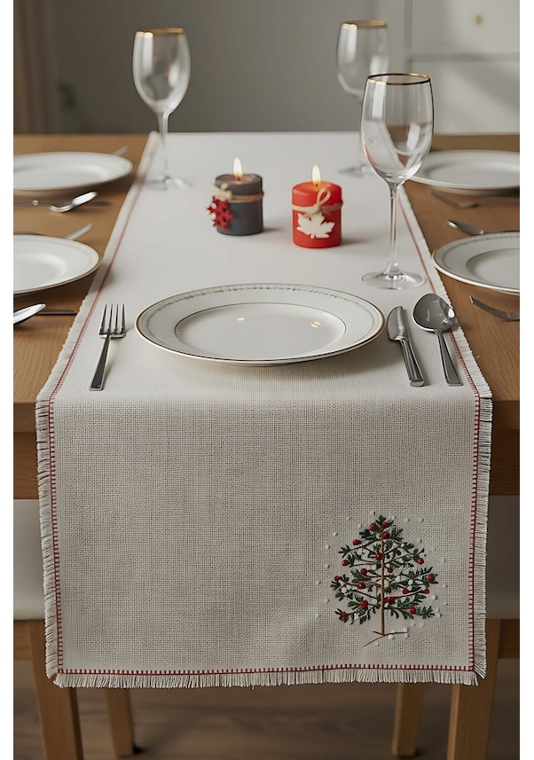 Resim Rivaistanbul Çam Ağacı Nakışlı Hasır Görünümlü Kenarları Püsküllü Runner 40x115 Cm Çok Renkli 