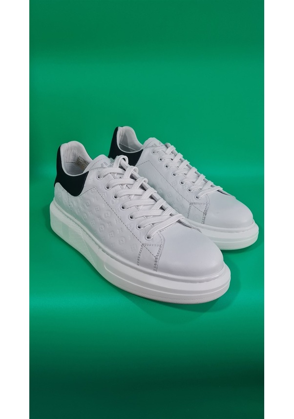 Resim Marcomen Bağcıklı Lv Model Baskılı Kalın Düz Taban Sneaker Ayakkabı 21006 Beyaz Siyah 