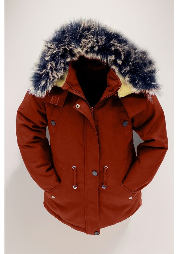 Resim Unisex Kız/erkek Çocuk Kışlık Kanvas Kumaş Büzmeli Diz Üstü Içi Kürk Kapüşonlu Kaban Mont-mnt-0005 Kiremit 