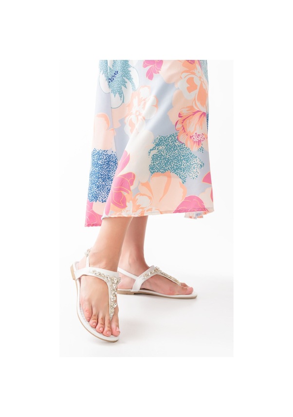 Resim Beyaz Gümüş Taşlı Parmak Arası Kadın Sandalet Çok Renkli 