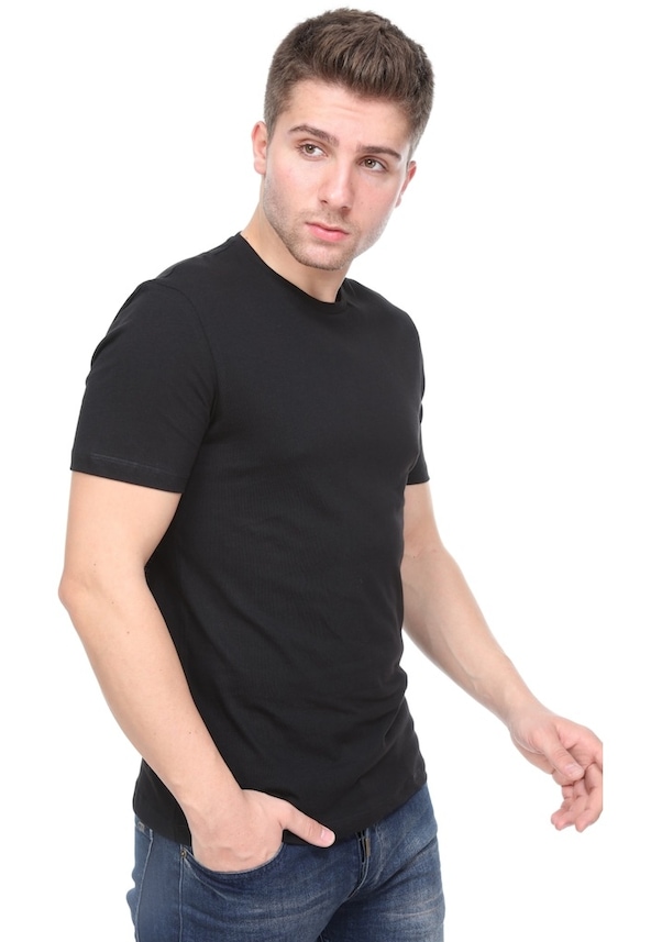 "Kısa Kollu Pamuk Tişort Short Sleeved Cotton Basic T-Shirt"-Siyah