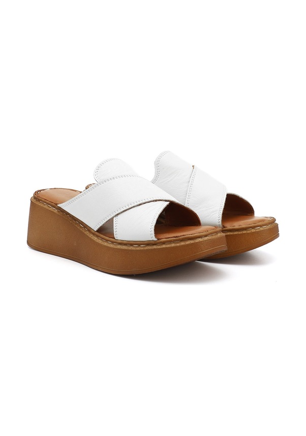 Resim Gönderi R Beyaz Dolgu Taban Hakiki Deri Terlik Bej - Beyaz - Kırmızı 