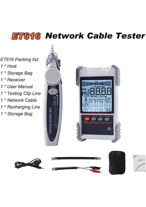 Et616 Beyaz Tooltop Et618 Lcd Ekranlı Kablo Test Cihazı Analoglar Dijital Arama Poe Test Kablosu 5041