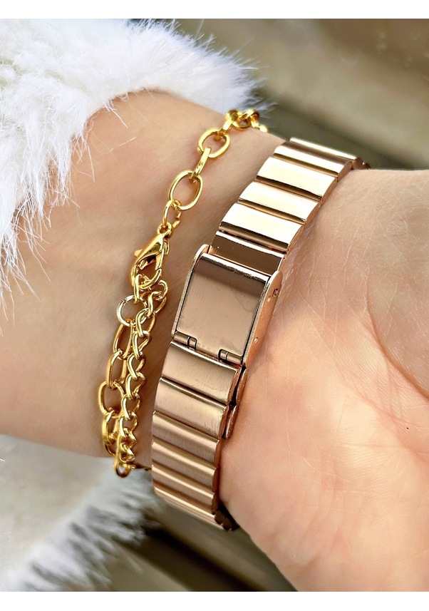 Resim Premium Özel Serisi Kare İnce Metal Kordon Kadın Kol Saati-bileklik Hediyeli Bakır 