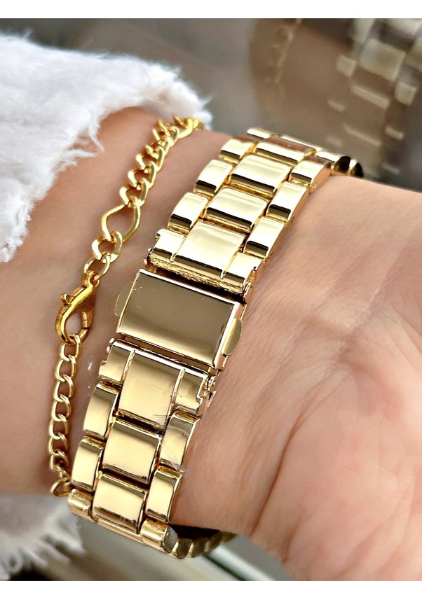 Resim Full Taşlı Şık Tasarım Exclusive Serisi Roma Rakamlı Kadın Kol Saati-bileklik Hediyeli Sarı 