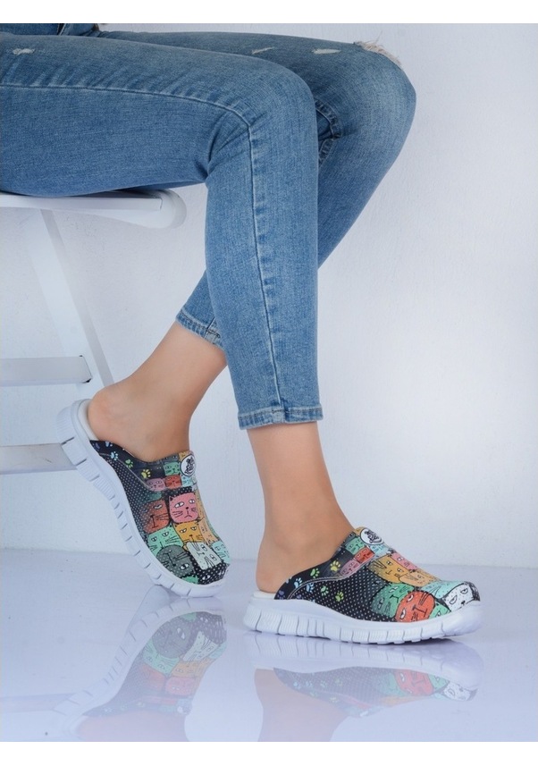 Resim 20Tasarımterlik Kadın Renkli Kedi Temalı Ortopedik Sabo Terlik Çok Renkli 
