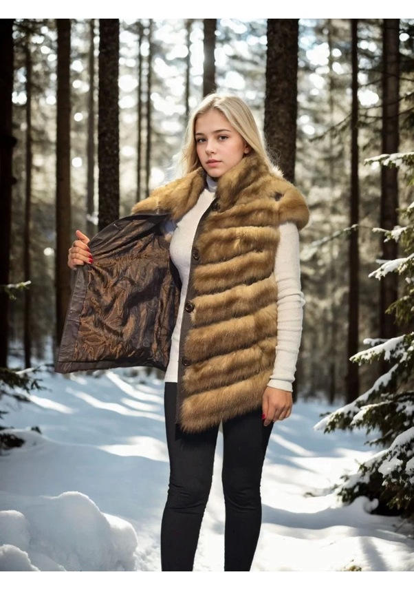 Resim Kadın Kolsuz Hakiki Kürk - Kahve Kahve 