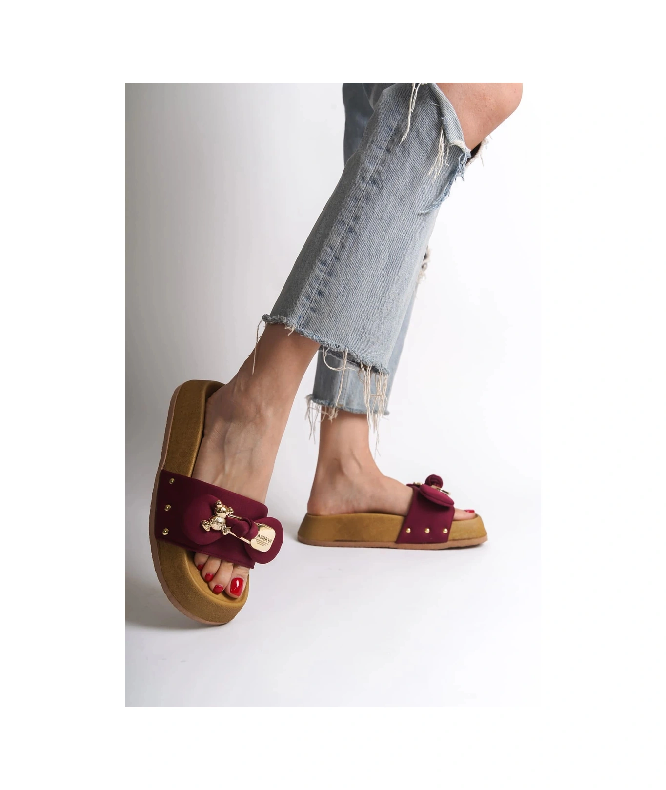 Resim Dıla Kalın Ve Ortopedik Taban Ayıcıklı Saten Kadın Terlik Skt - Bordo Bordo 