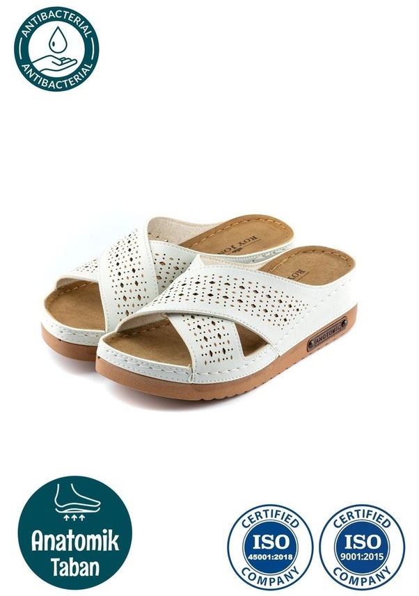 Resim Kadın Ortopedik Yumuşak Tabanlı Terletmeyen Çift Bantlı Hasır Tipi Delikli Rahat Anne Ev İçi Terliği Beyaz 