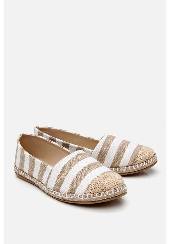Resim Kadın Beyaz Bej Çizgili Hasır Detaylı Espadril Bej 