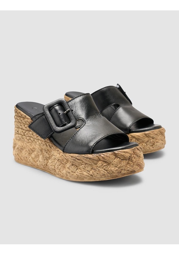 Resim %100 Hakiki Deri Siyah Dolgu Topuk Kadın Terlik Siyah 