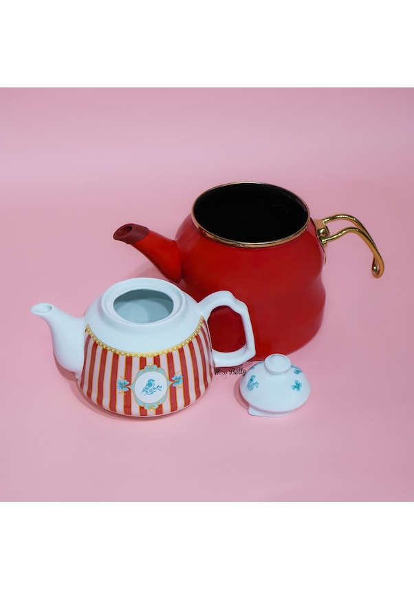 Resim Bellisima Emaye Royal Porselen Demlikli Çaydanlık Pembe 