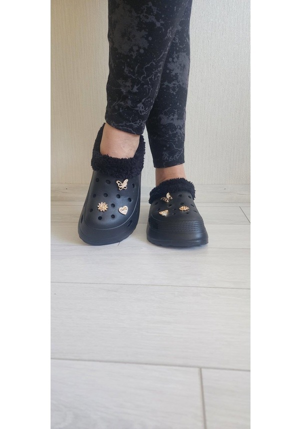 Resim İçi Kürklü Taşlı Şık Doktor Hemşire Aşcı Terliği Siyah 