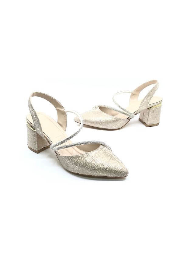 Resim Mehtap Çift Şerit Taşlı Kadın Abiye Topuklu Ayakkabı Altın-çupra 