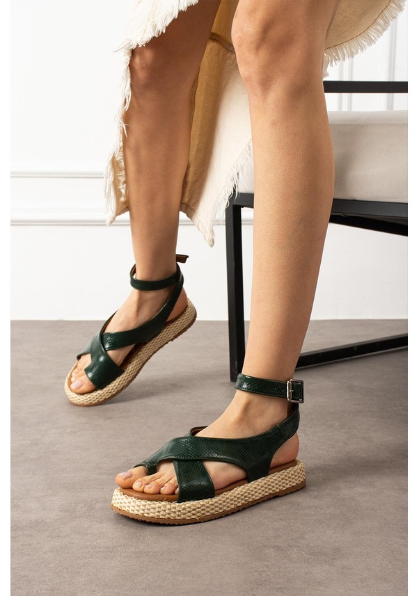 Resim Shoetek Lors Kadın Sandalet Parmak Arası Bilekten Bağlı Haki Deri Haki Cilt Haki 