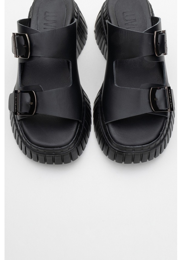 Resim Luvishoes Joanes Siyah Cilt Hakiki Deri Çift Bantlı Kadın Dolgu Taban Terlik Siyah 