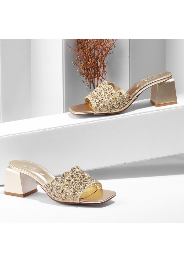 Resim Kadın Altın Taş Detaylı Topuklu Terlik Altın 