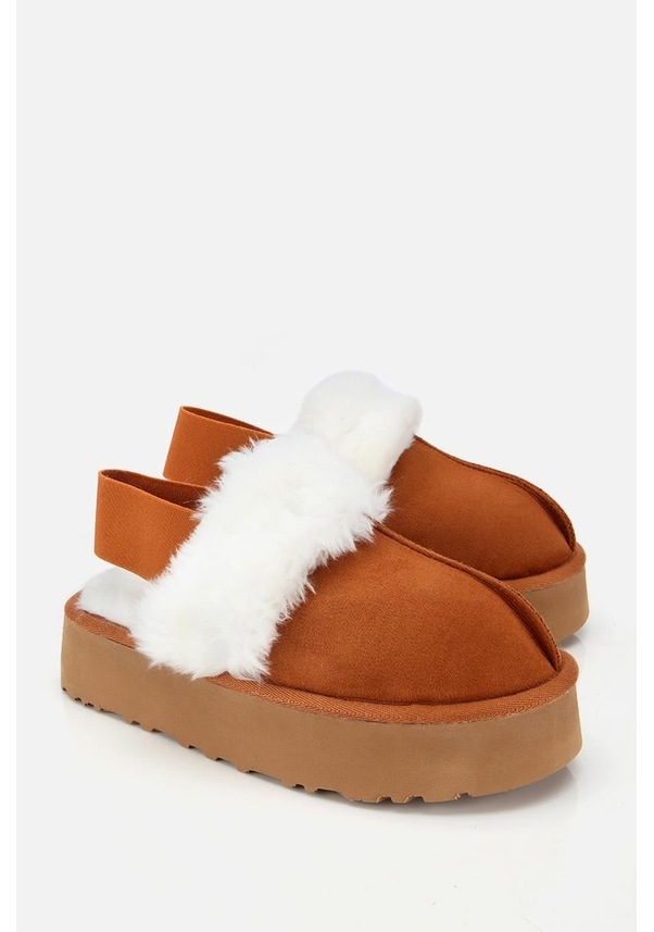 Resim Kadın Süet Taba İçi Kürklü Yüksek Tabanlı Terlik Taba 