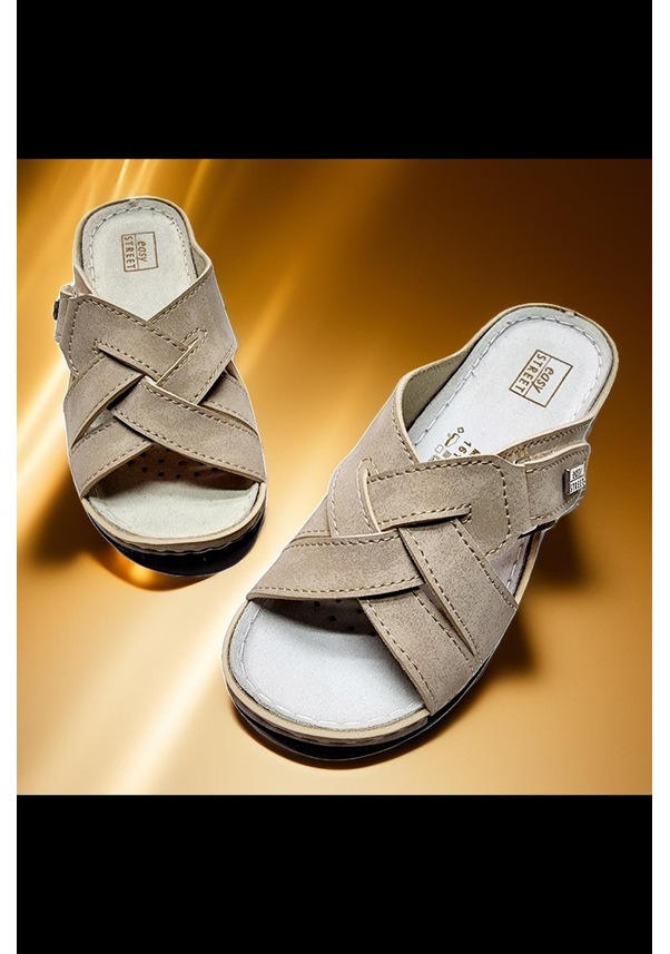 Resim Gerçek Deri Çapraz Bant Cırtlı Ayarlanabilir Ev Ve Dışarı Terliği Krem 