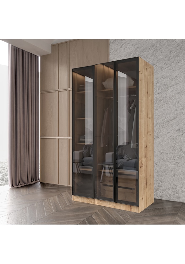 Resim Altay Kayra Füme Camlı Alimünyum Kapaklı 2 Çekmeceli Giyinme Dolabı Led Askılıklı Tamamı Mdf Safir Meşe 