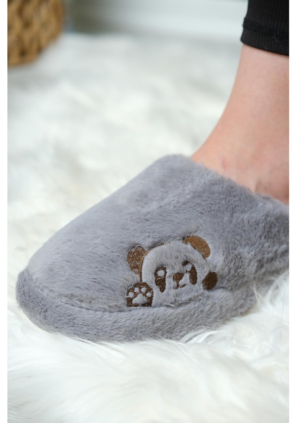 Resim Panda Nakışlı Kadın Ev Terliği Peluş Terlik Çeyiz Ve Bohça Terliği Ses Yapmaz Kalın Taban Gri 