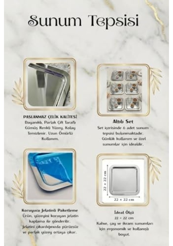 Resim 6&apos Lı Lüks Paslanmaz Çelik Kare Sunum Tepsisi Seti - Gold Ve Gümüş Seçenekli-kahve Yanı İkramlık, Lokumluk, Dekoratif Takı Tabağı Ve Bardak Altlığı Gümüş 15cm 