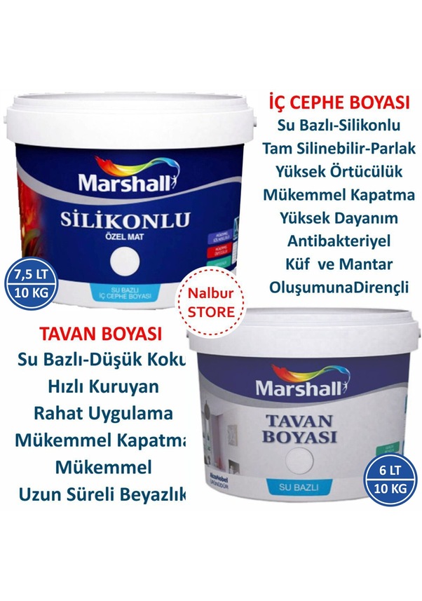 Marshall Özel Mat Duvar Boyası 7.5Lt=10Kg+SilikonluTam Silinebil Marshall Özel Mat Duvar Boyası 7.5Lt=10Kg+SilikonluTam Silinebil