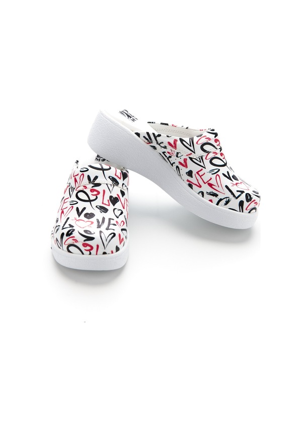 Resim Drmoon Love Desenli Dolgu Taban Hakiki Deri Kadın Sabo Terlik Beyaz 