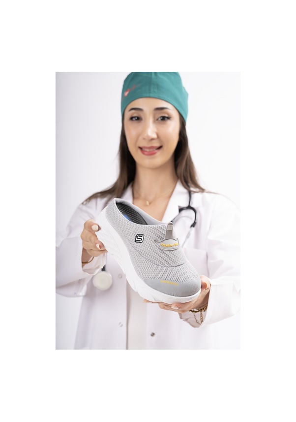 Resim Sandal Spor Kadın Dolgu Taban Ortopedik File Sabo Doktor Hemşire Hastane Aşçı Terlik Gri 