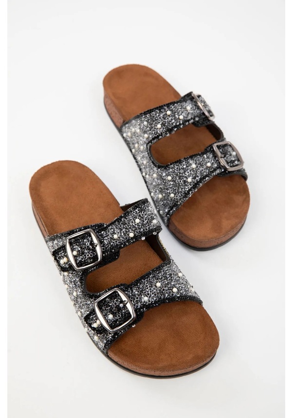 Resim Yazlık Kadın Ortopedik Terlik Taş Detaylı, Çift Tokalı, Soft Tabanlı Ev Terliği Antrasit 